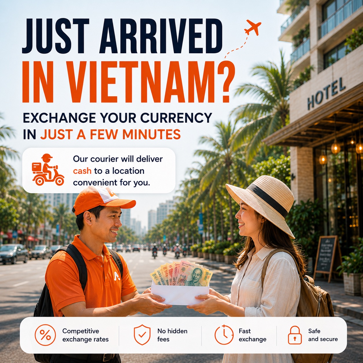 Ad banner: currency exchange with cash delivery in Vietnam