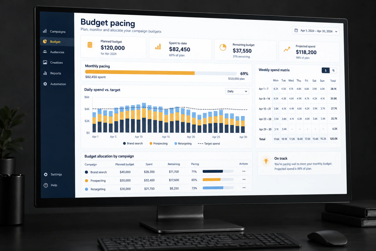 An illustrative advertising spend and budget allocation dashboard on a monitor.