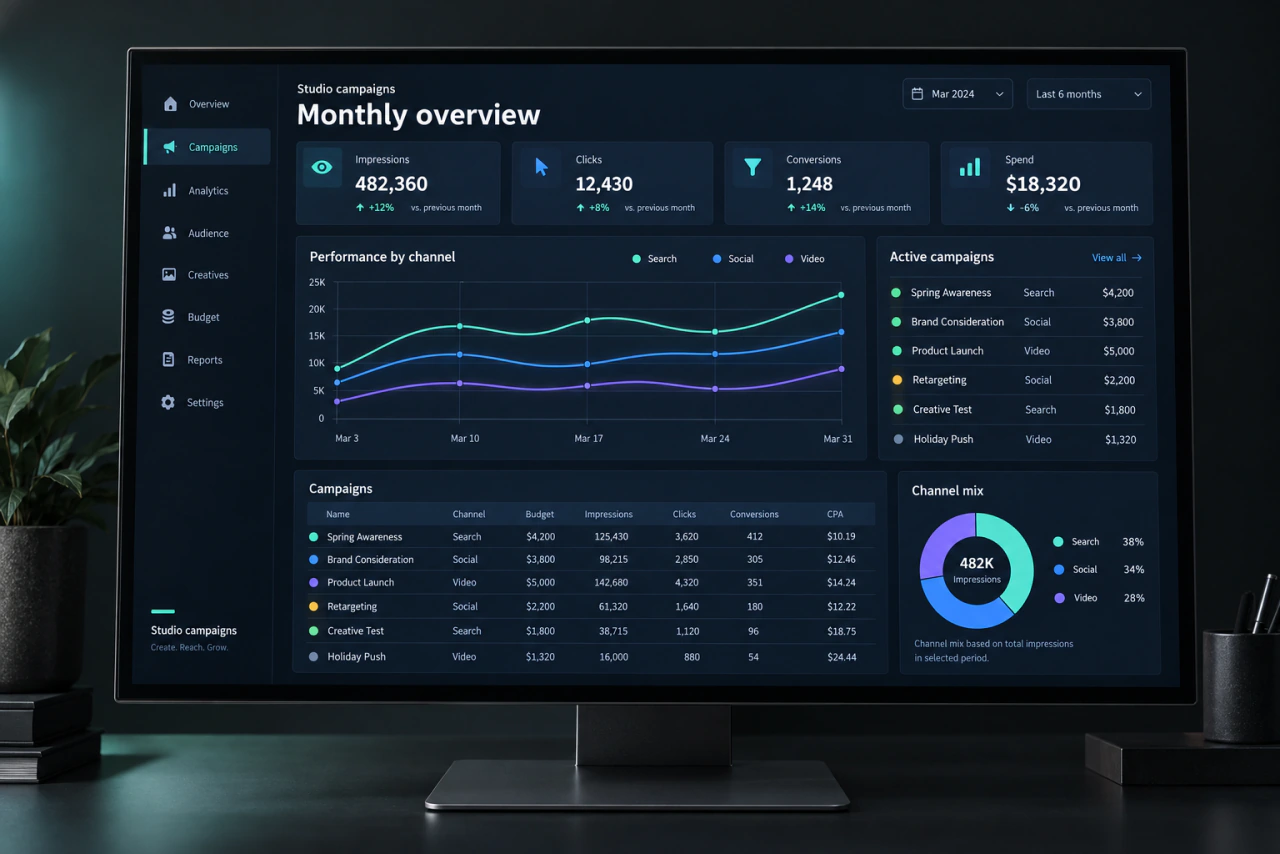 An illustrative advertising tool example on a monitor: Advertising management on one platform.