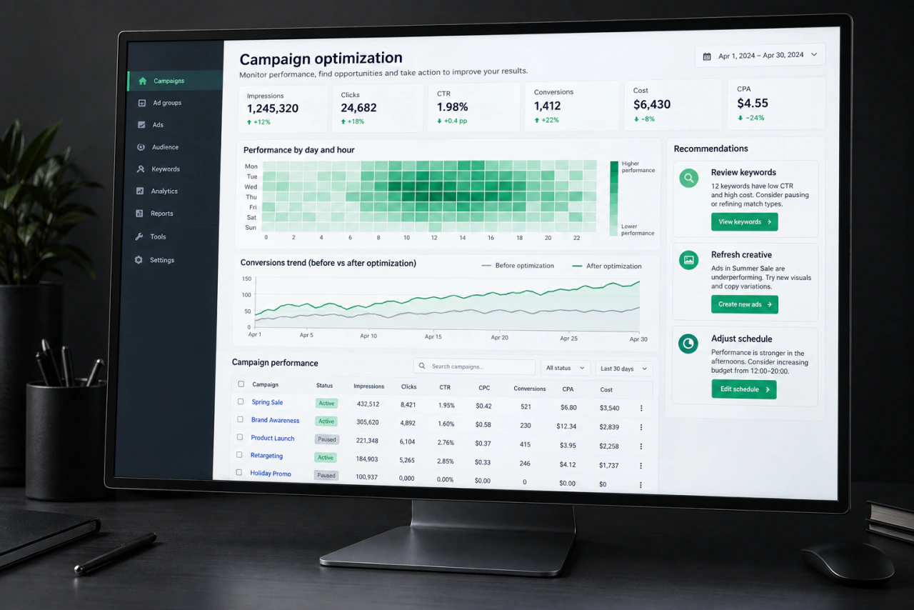 A campaign performance table and recommendations for improvement on a monitor.