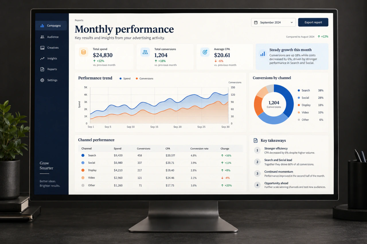 A monthly advertising report on a monitor, with charts and a comparison table.