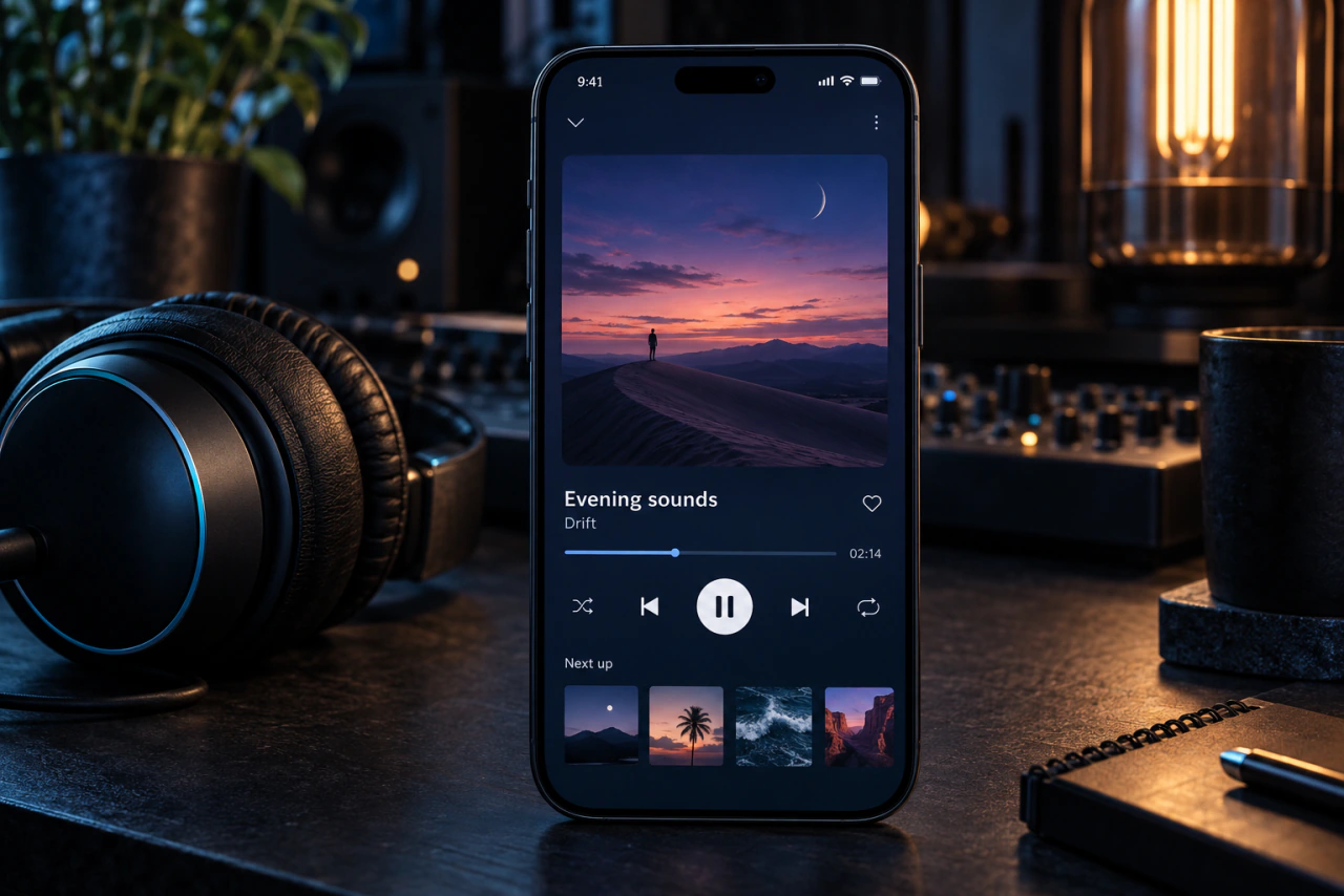 A music app on a phone, with album artwork and playback controls.