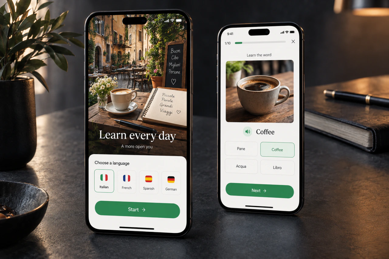 Welcome and onboarding screens of a language learning app on a phone.