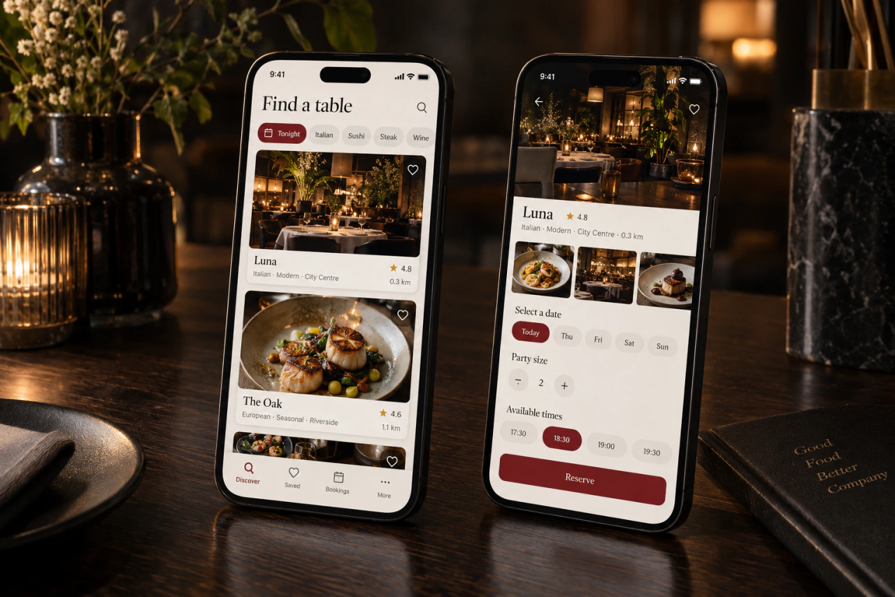 Restaurant app screens on phones, with a menu and table booking.