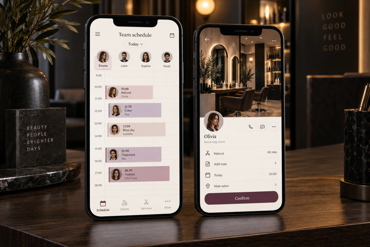 Salon booking management on a phone, with staff schedules.