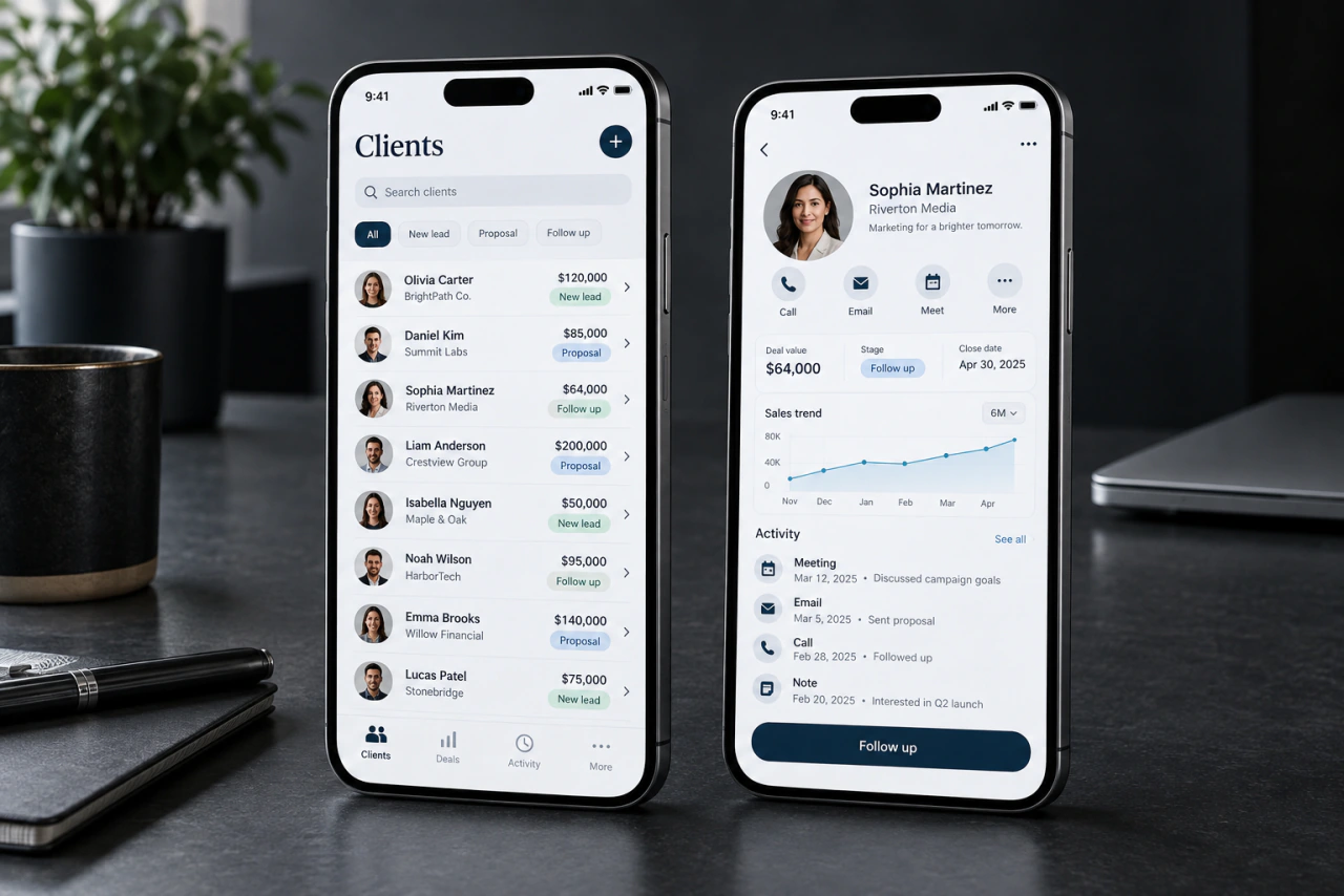 A customer management app on a phone, with sales and task lists.