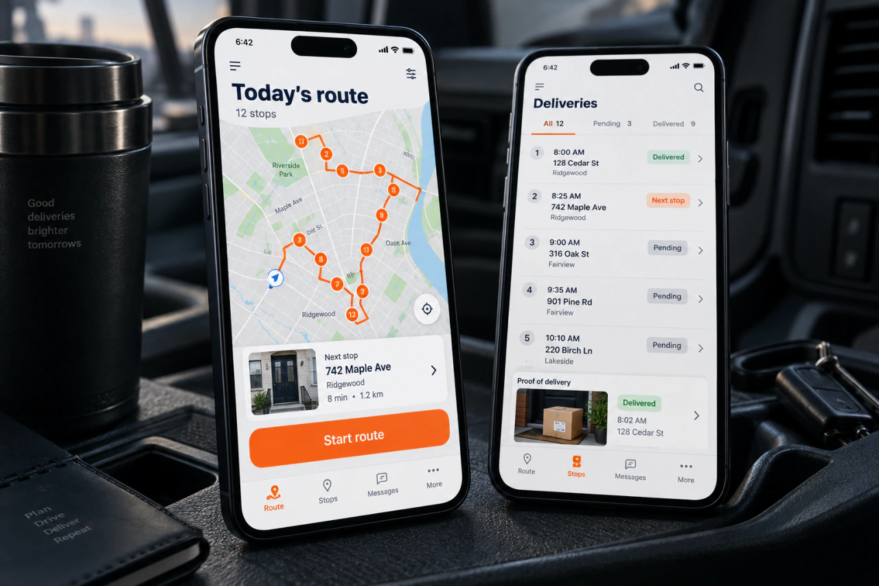 A driver app on a phone, with a route and a list of deliveries.