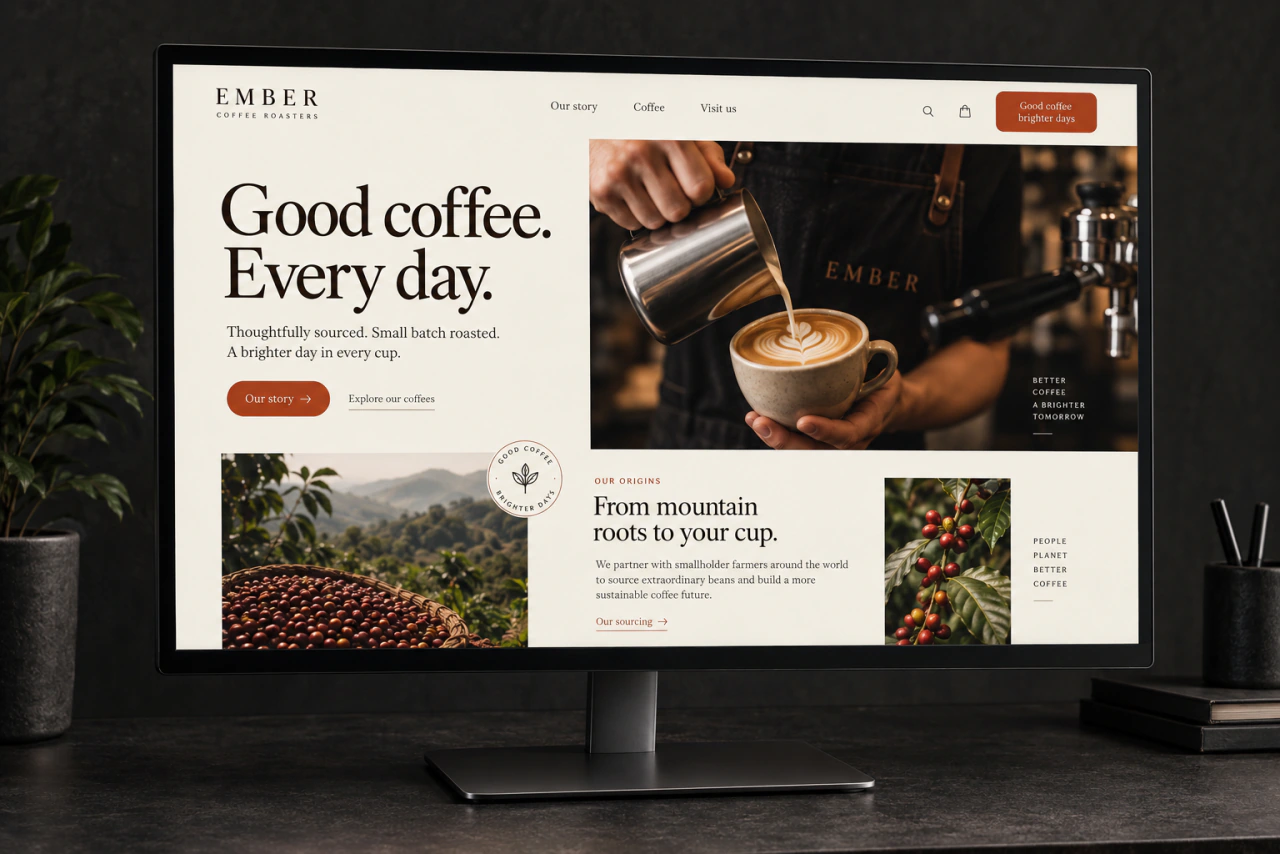 A coffee brand website on a monitor, with product photos and the brand story.