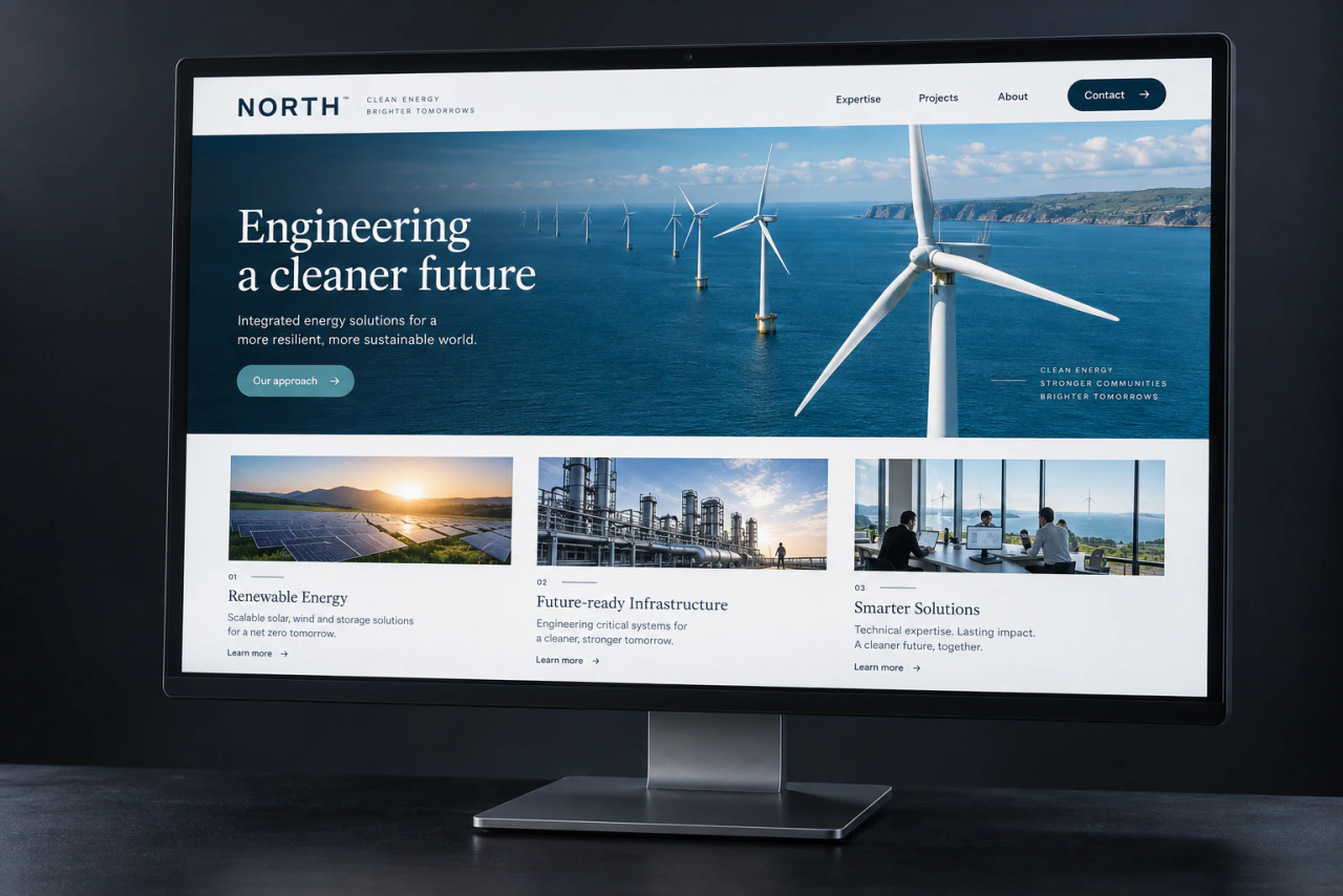 An engineering company website on a monitor, with project photos and service sections.