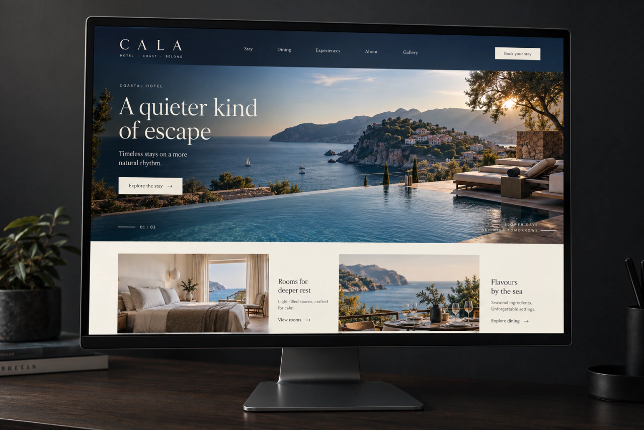 A hotel website on a monitor, with room photos and a booking section.