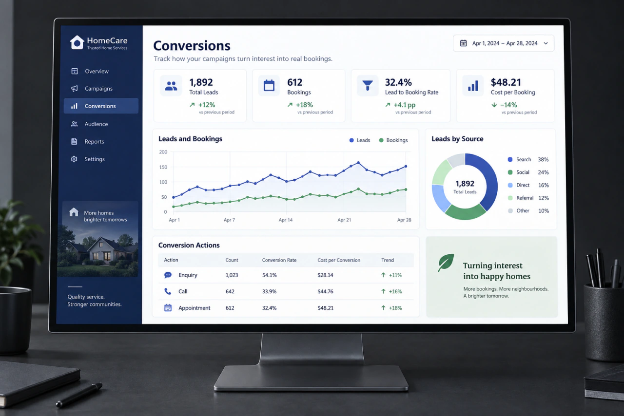 An illustrative analytics dashboard for enquiries and bookings on a monitor.