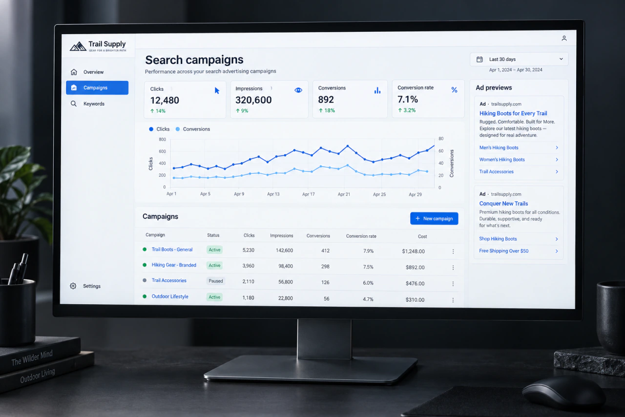 An illustrative advertising tool example on a monitor: Google Ads setup.