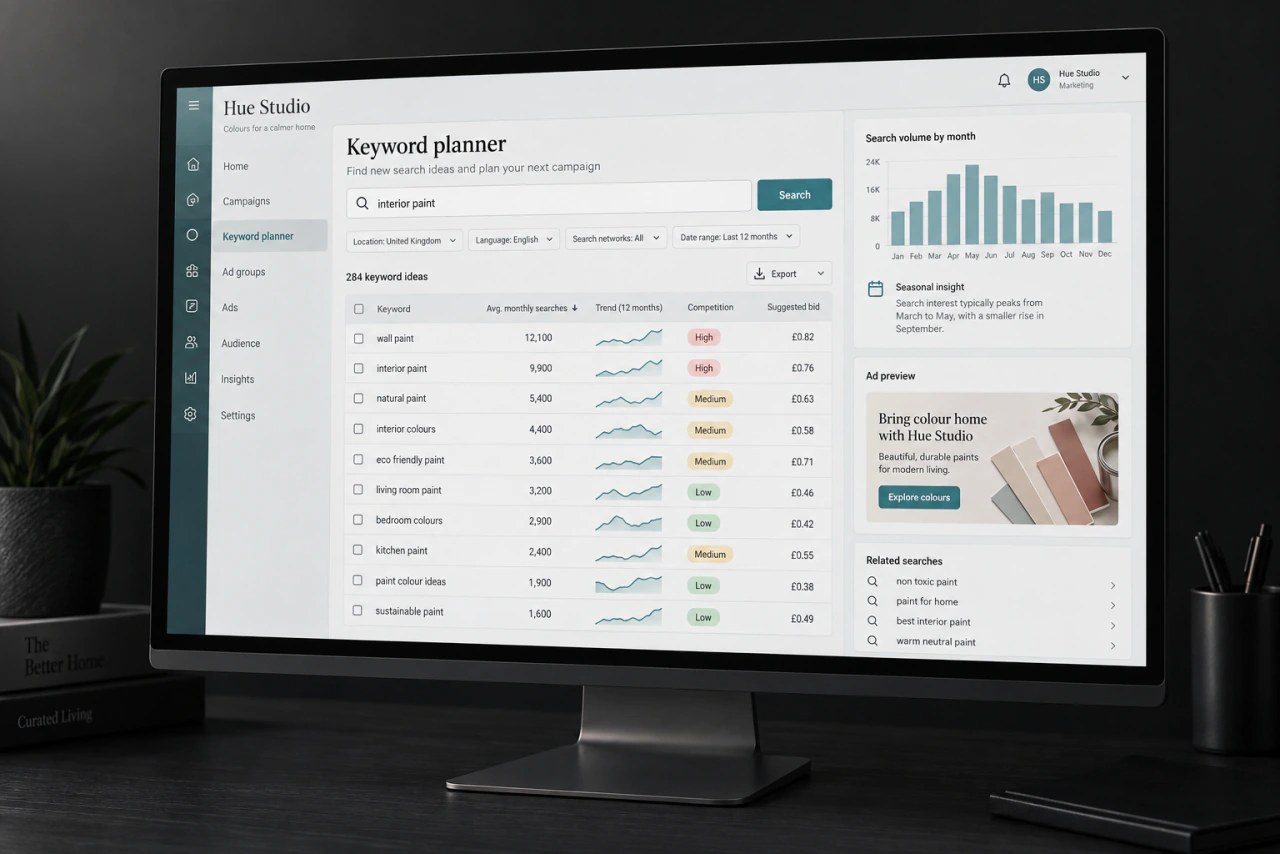 A keyword planning tool on a monitor, with a search query table and trend charts.