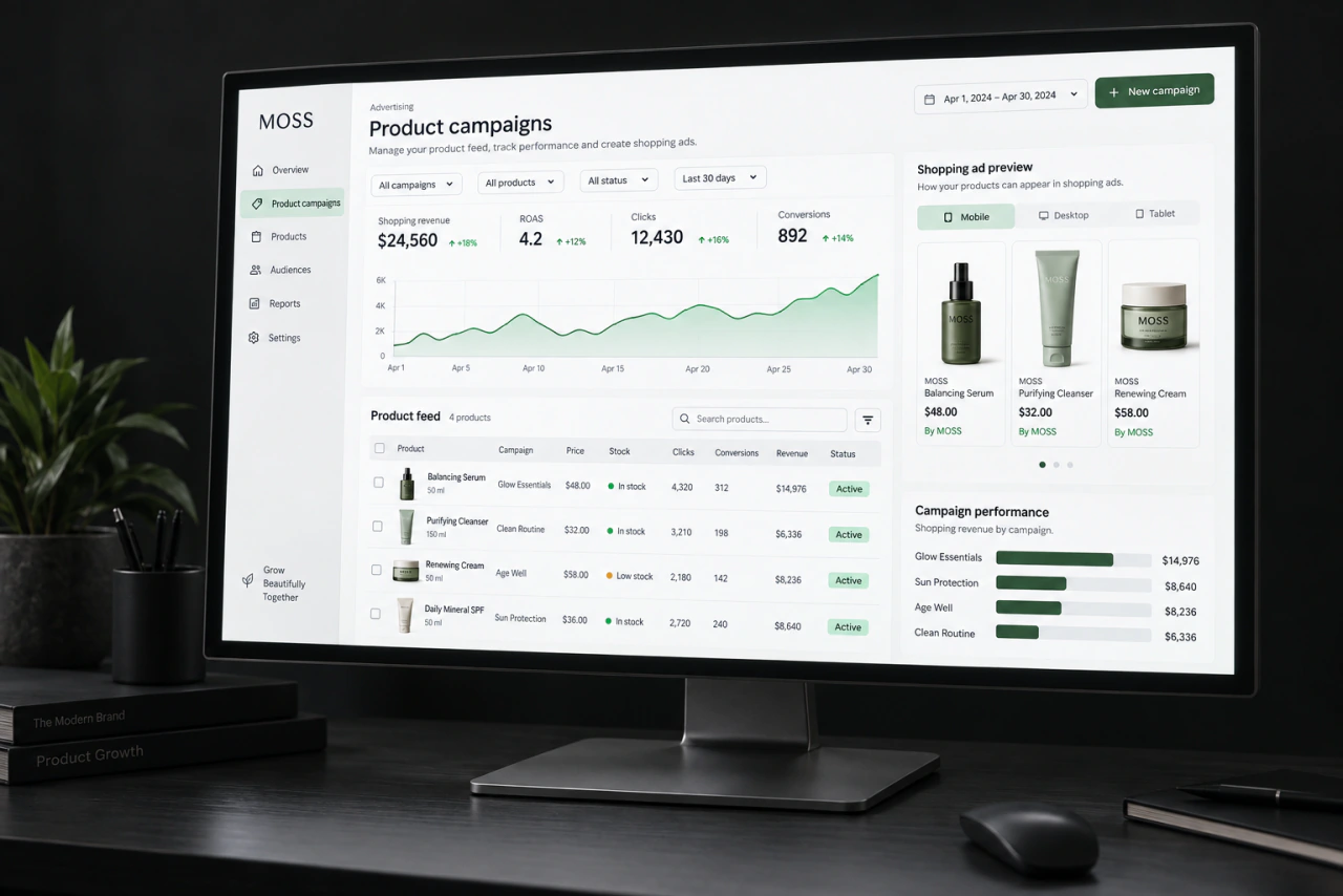 Shopping ad management on a monitor, with product photos and metrics.