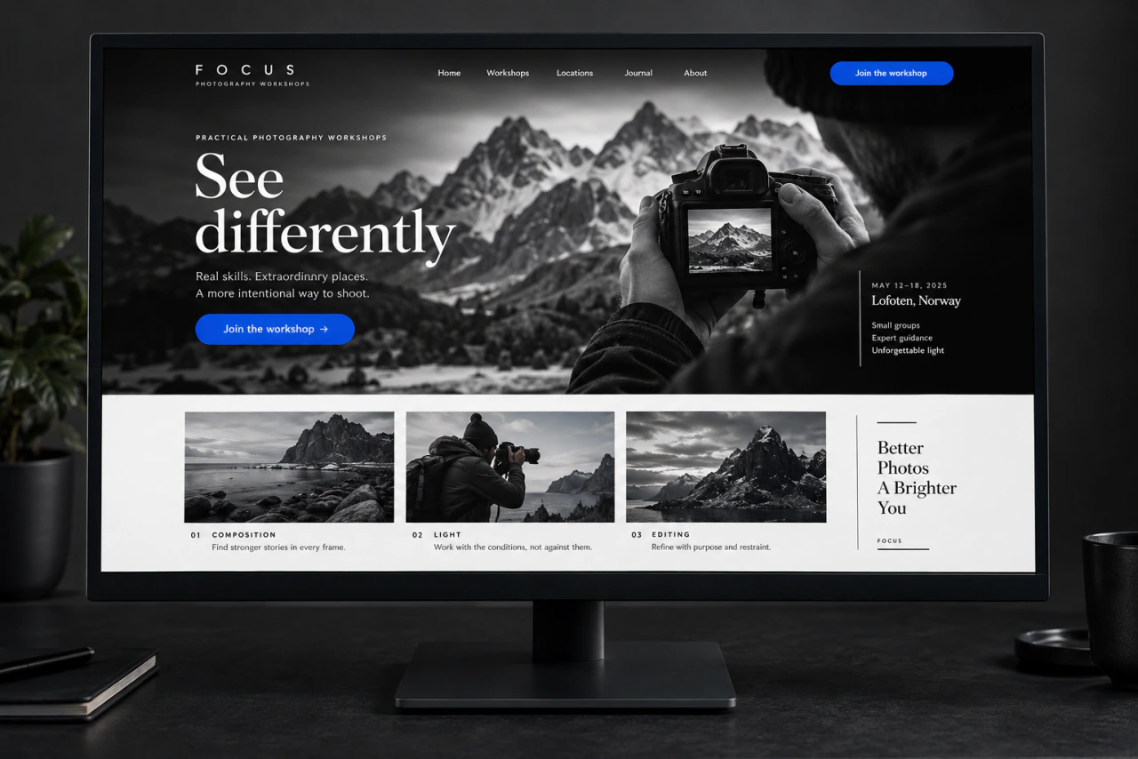 A photography course page on a monitor, with work samples and a registration button.