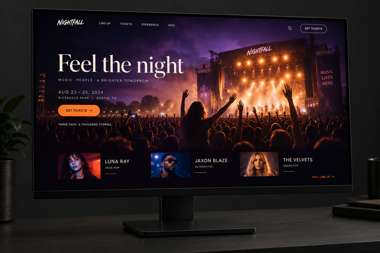 A music event page on a monitor, with a concert photo and a ticket button.