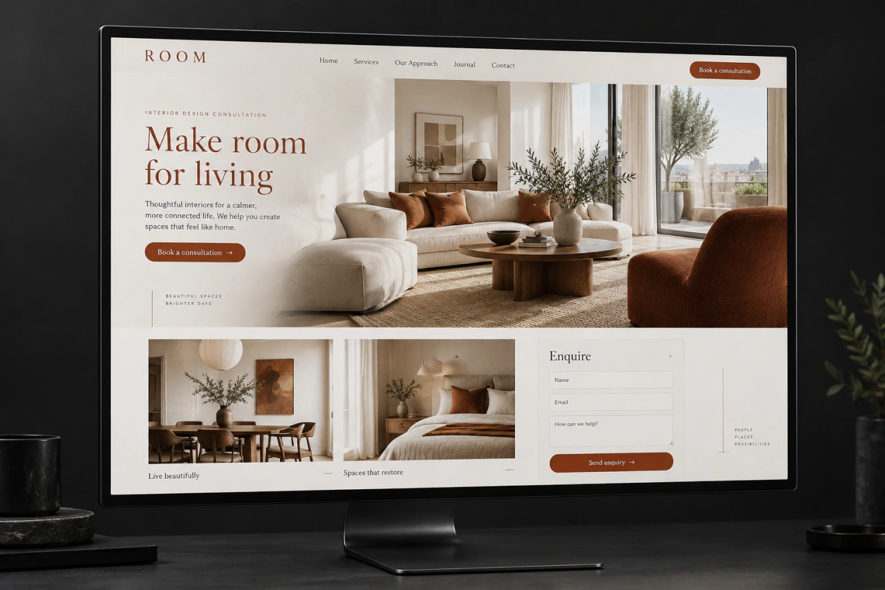 An interior design page on a monitor, with apartment photos and an enquiry form.