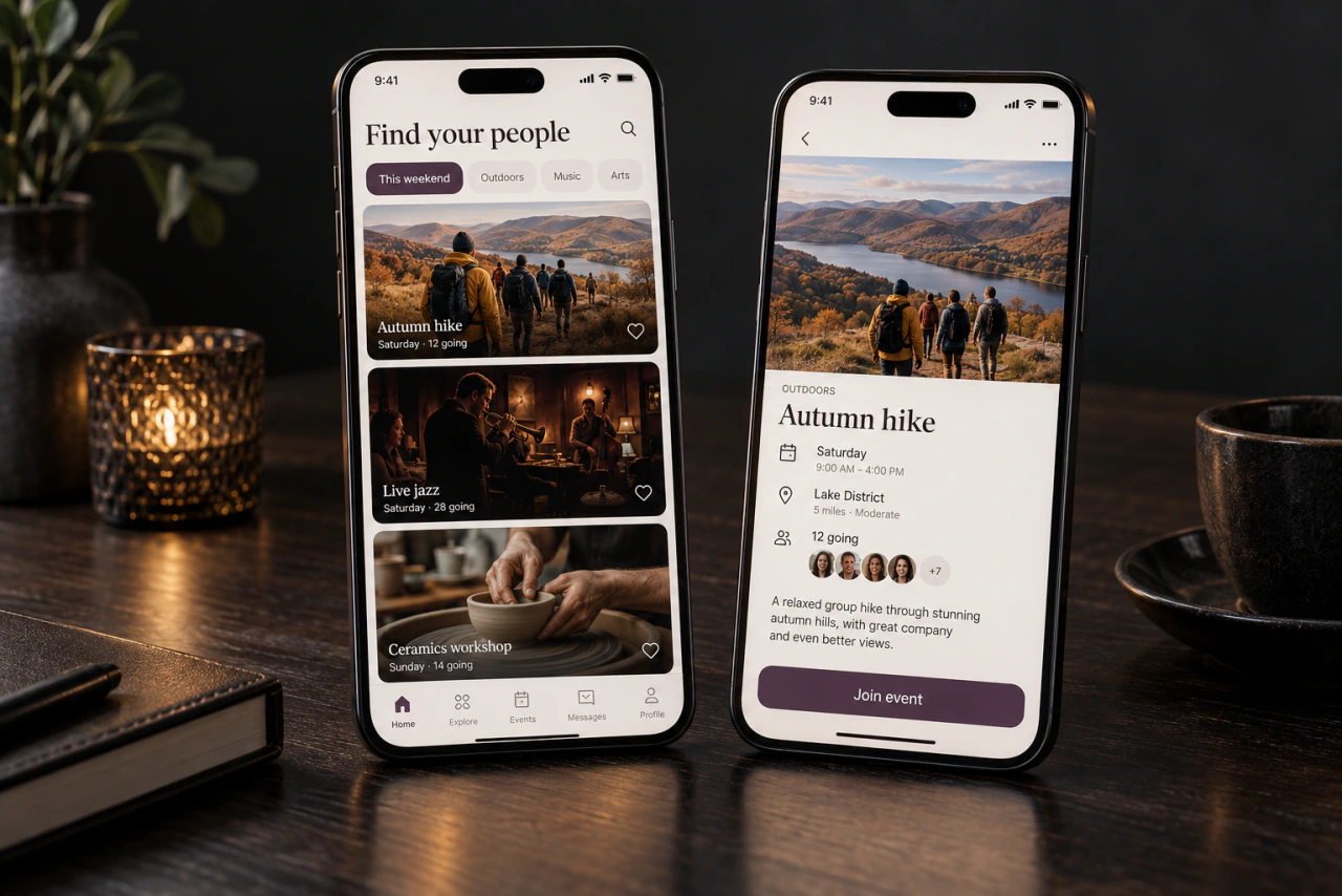 A community app on a phone, with event and group cards.