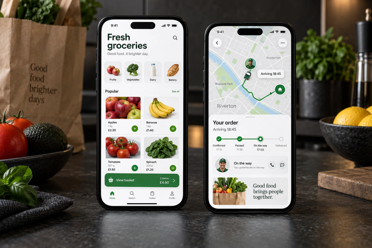 A grocery delivery app on a phone, with order progress and delivery tracking.