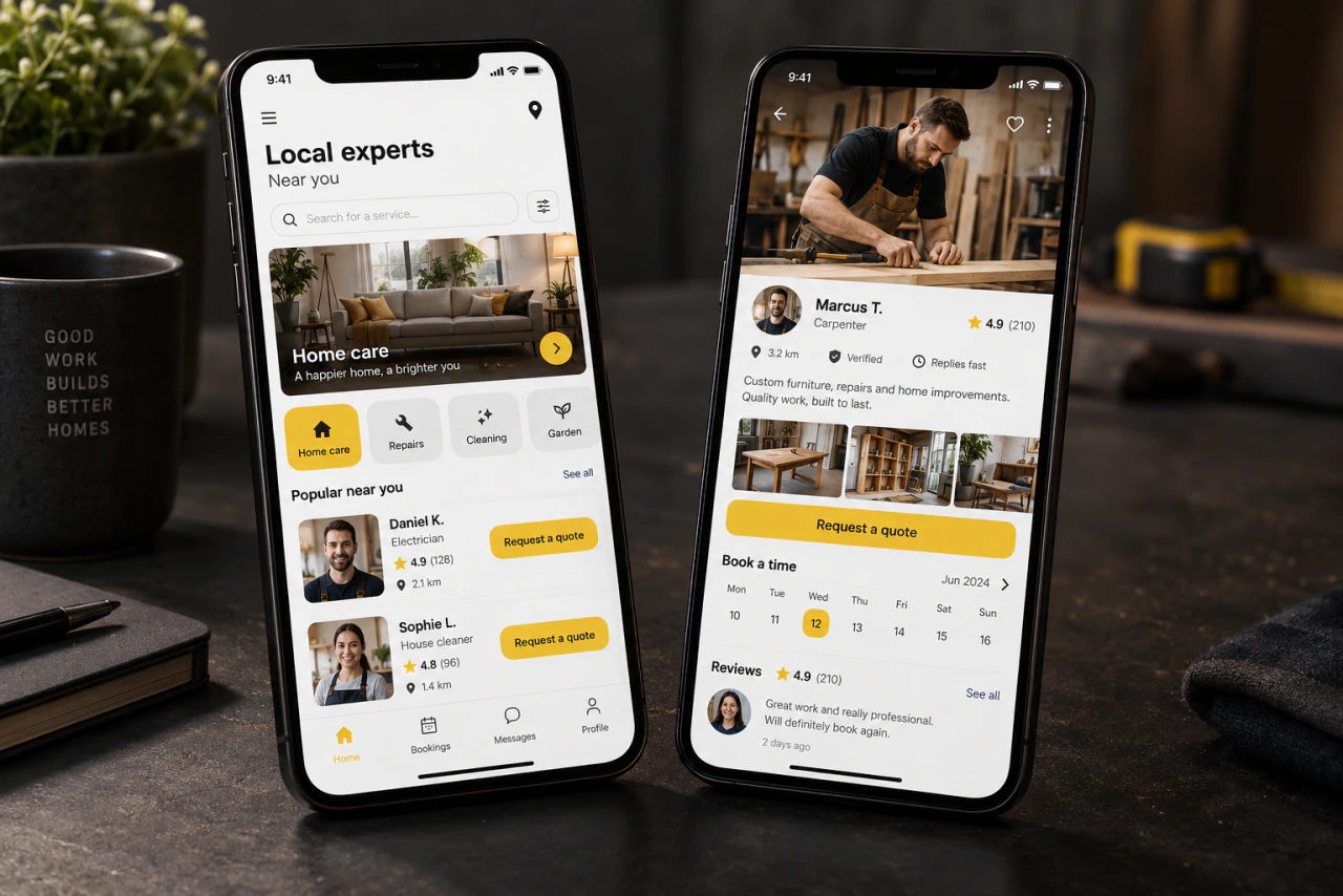 A local services platform on a phone, with professional profiles and an ordering feature.