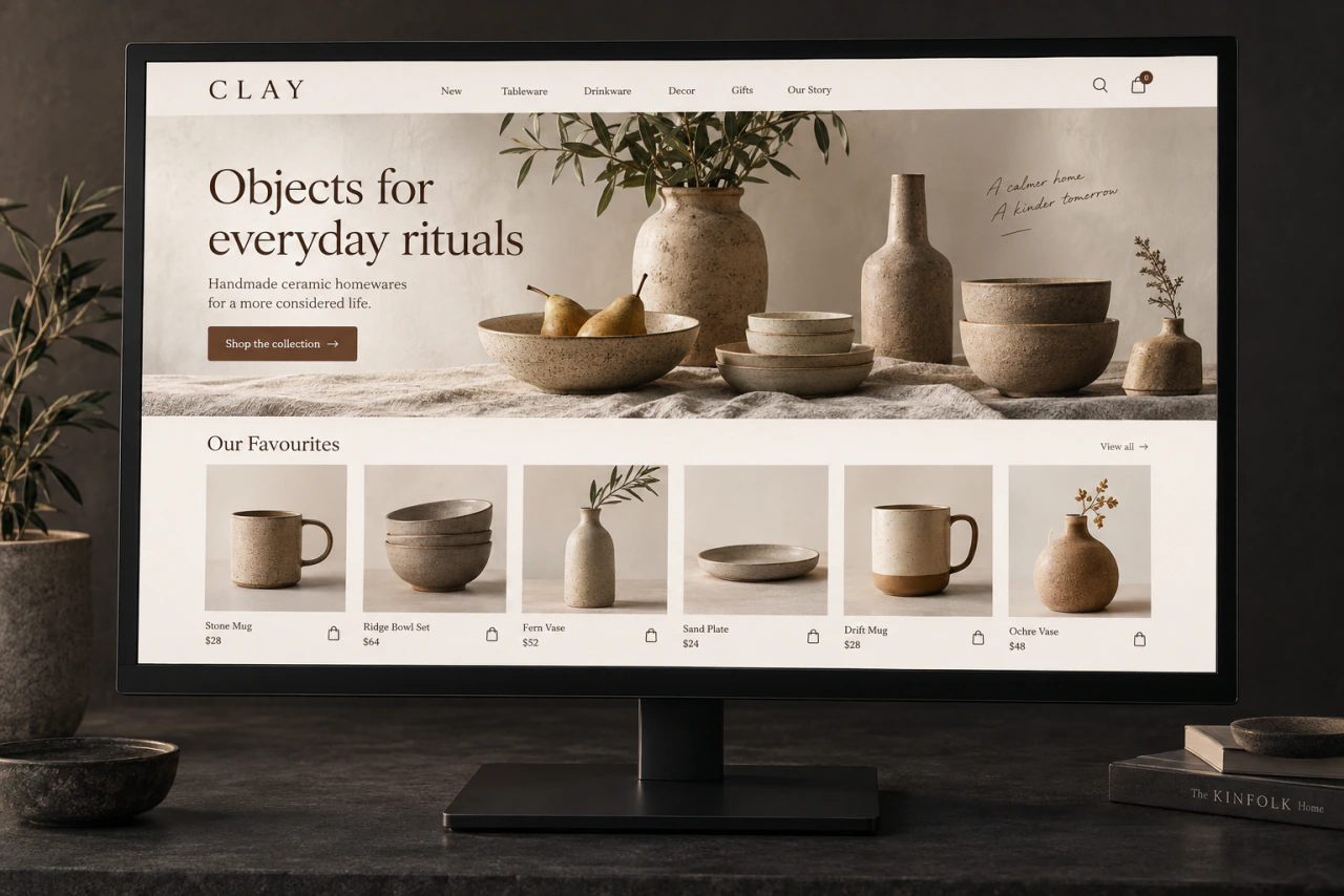 A website design example on a monitor: Catalog or online store.