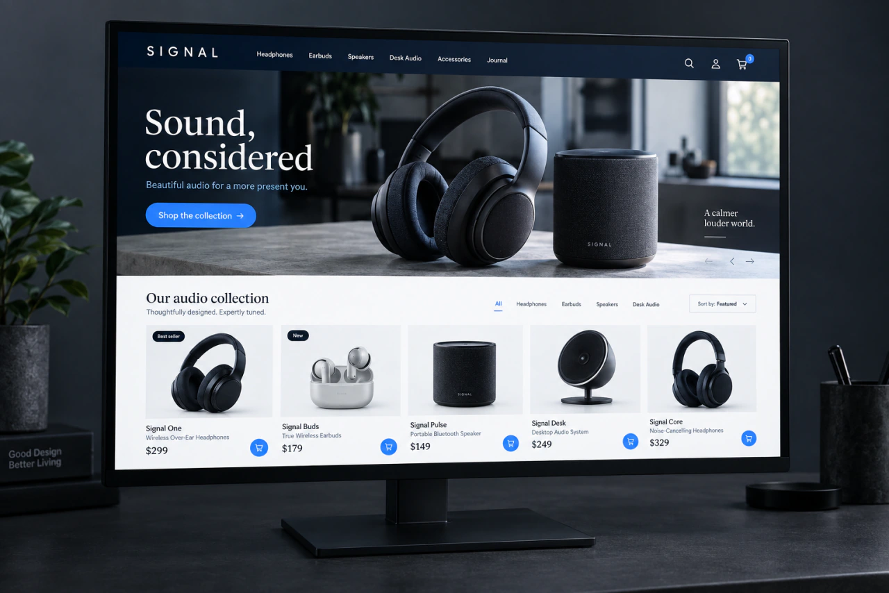 An audio equipment store on a monitor, with a catalog of headphones and speakers.