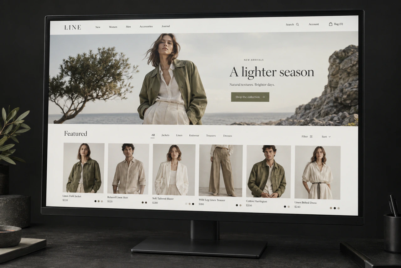 An online clothing store on a monitor, with product photos, prices and filters.