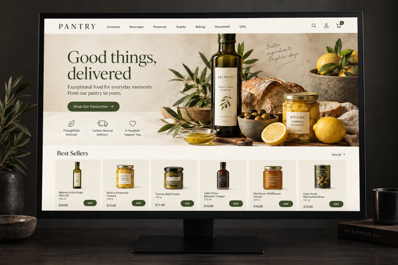A food store on a monitor, with product photos and add-to-cart buttons.