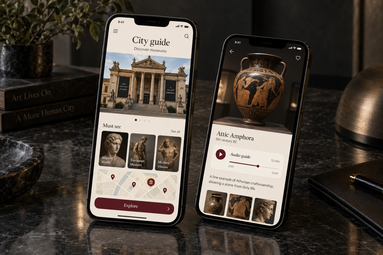A city museum guide on a phone, with photos and visitor information.