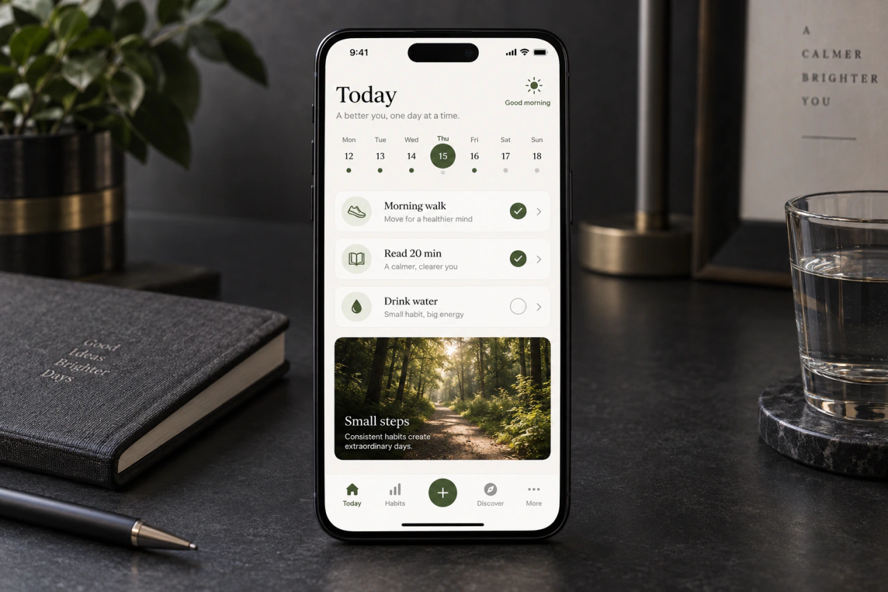 A habit tracking app on a phone, with daily tasks and progress.