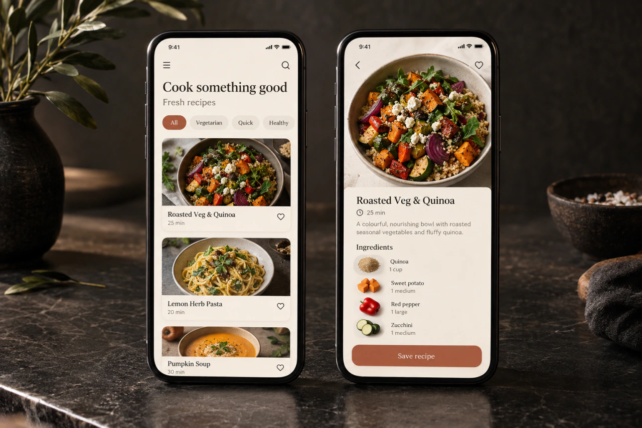 A recipe app on a phone, with food photos and cooking instructions.