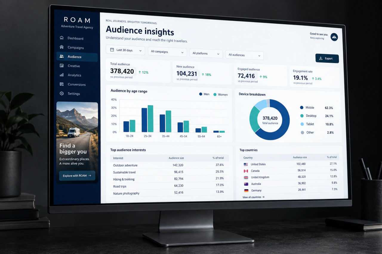 Advertising audience analysis on a monitor, with age and geographic breakdowns.