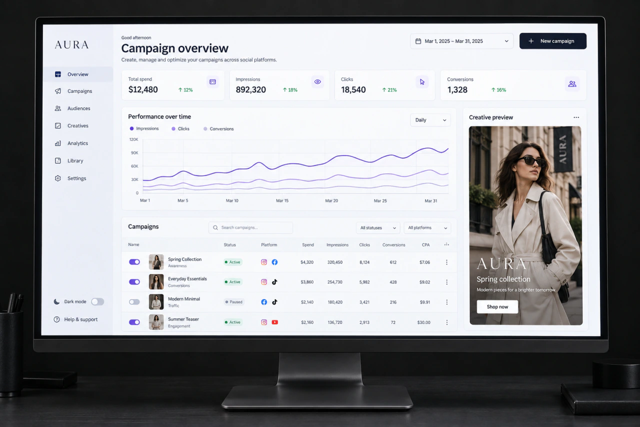 An illustrative advertising tool example on a monitor: Meta or TikTok Ads setup.