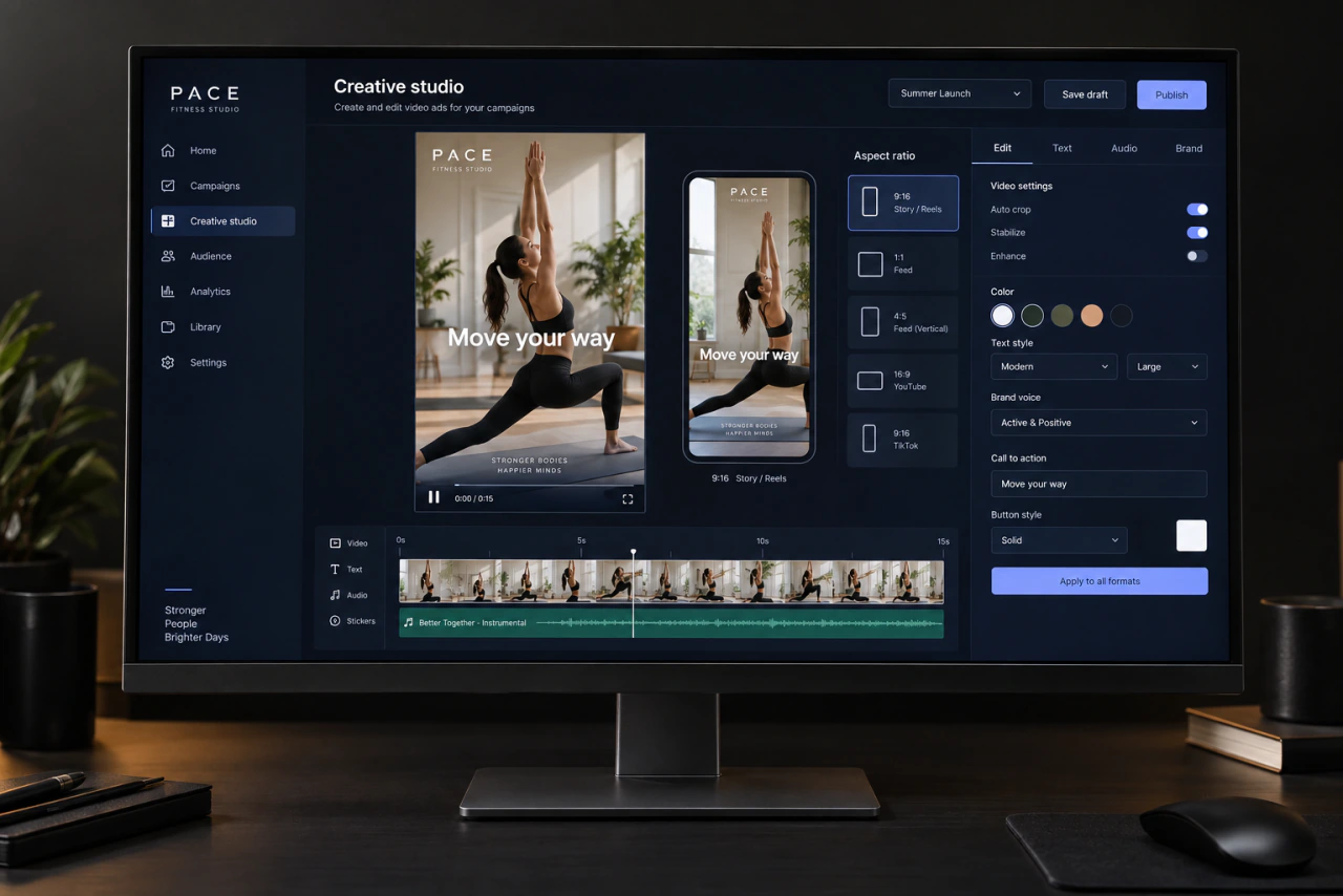 A vertical video ad editor on a monitor, with a sports ad preview.