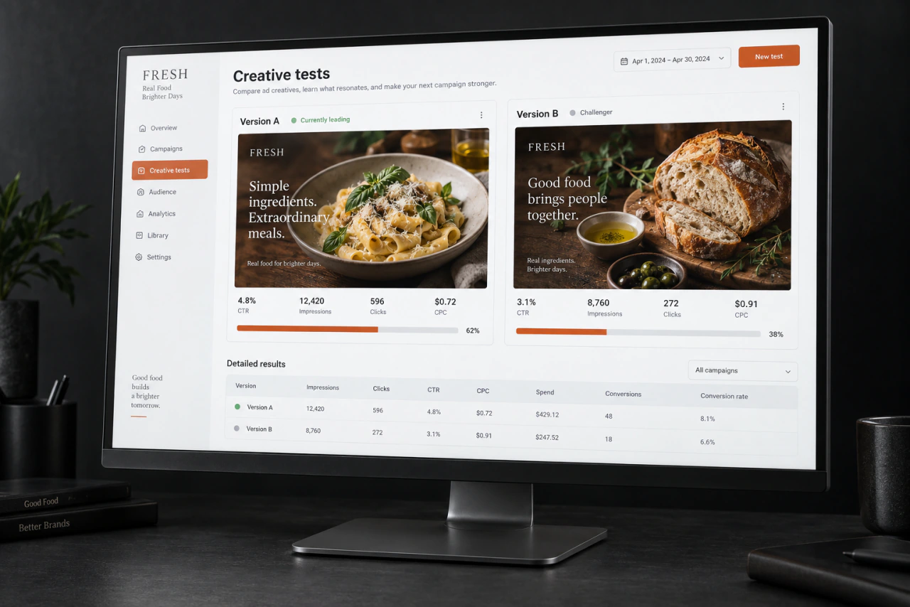 An illustrative comparison of two food ad variants on a monitor.